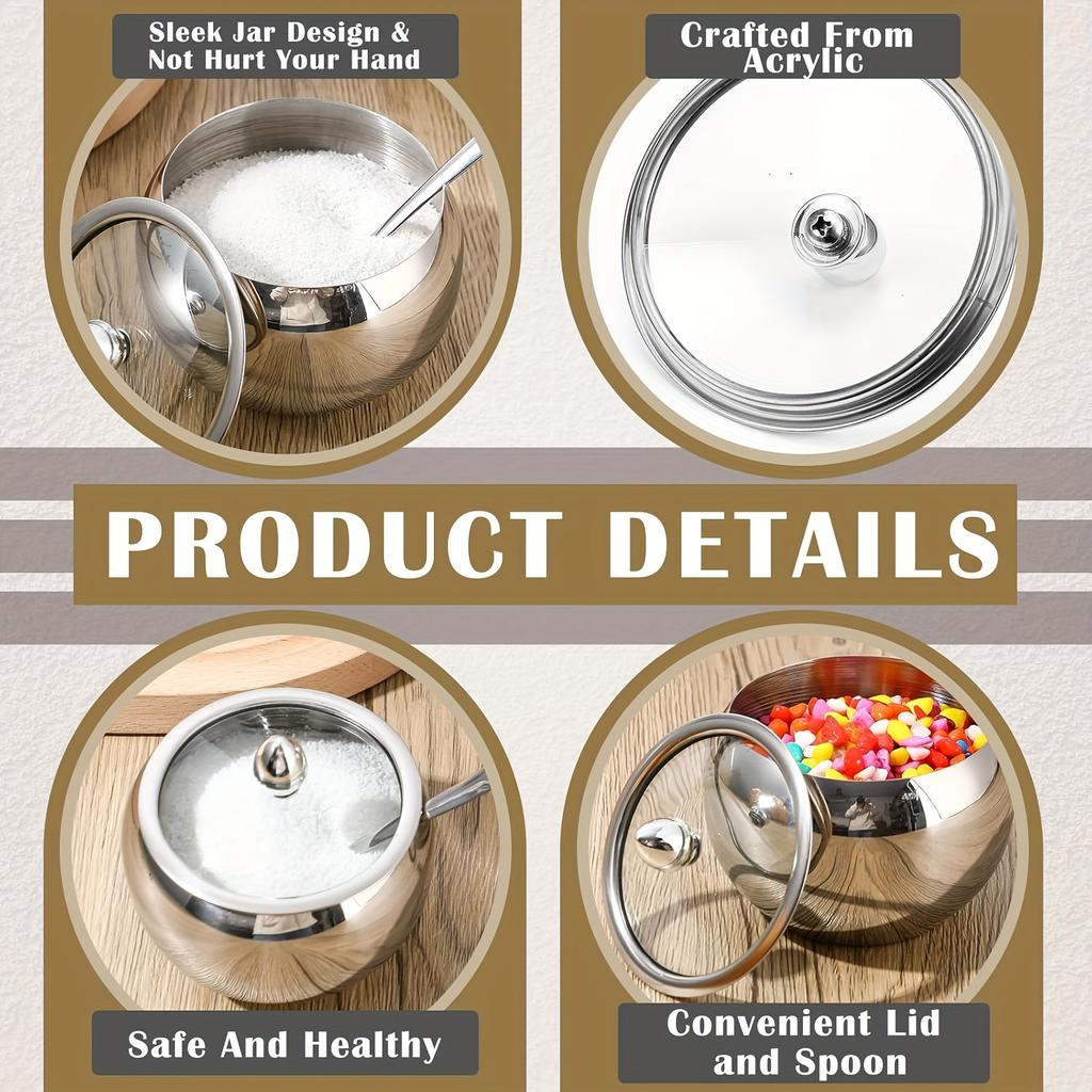 1 шт. 330 мл (10 унций) Сахарница из нержавеющей стали со стеклянной крышкой и ложкой - Идеально подходит для аксессуаров кофейного бара и кухонного хранения