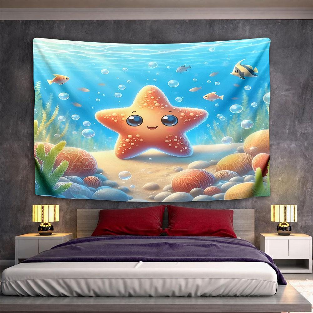 Smiling Starfish Underwater Scene Pattern Wall Hanging Tapestry Decorative Tapestry Home Decor for Bedroom and Living Room