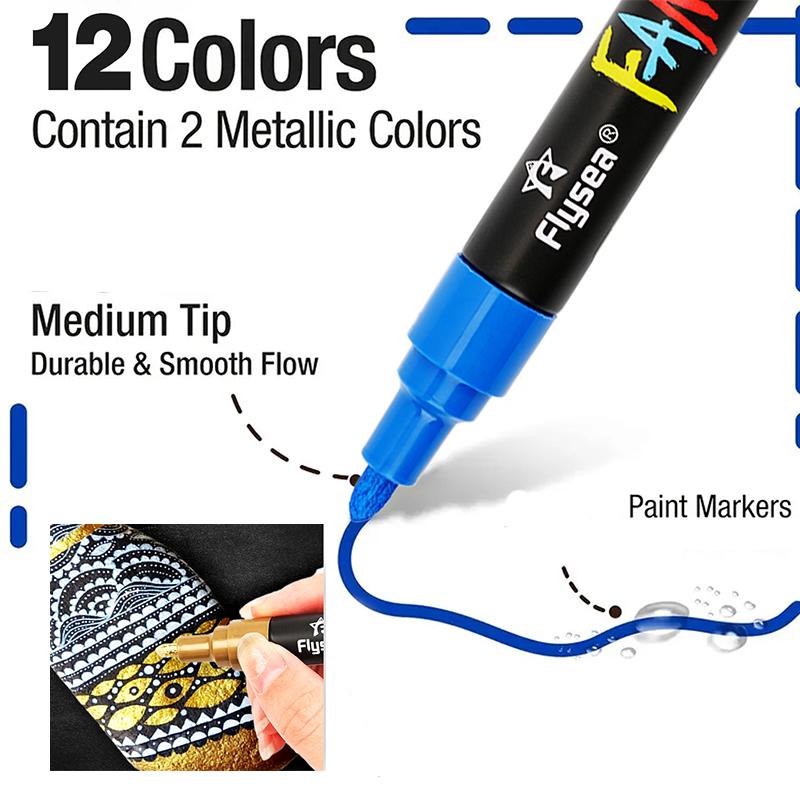 Paint Pens Paint Markers, 12 Colors Oil-Based Waterproof Marker Pen Set, Quick Dry and Permanent, Works on Rocks Painting