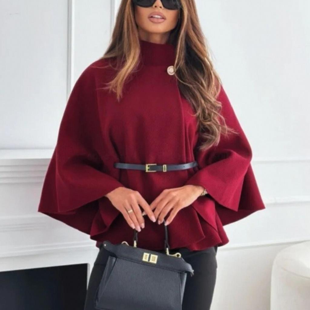 Women's Fashion Solid Waist Tie Woolen Cape Coat