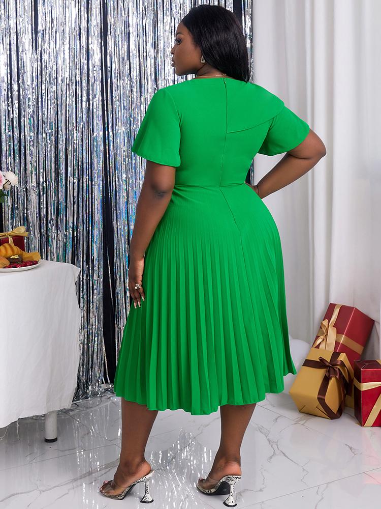 Женское зеленое плиссированное платье-миди с короткими рукавами и оборками, элегантное эластичное трапециевидное платье, весенне-летнее модное платье для вечеринки, дня рождения, халат