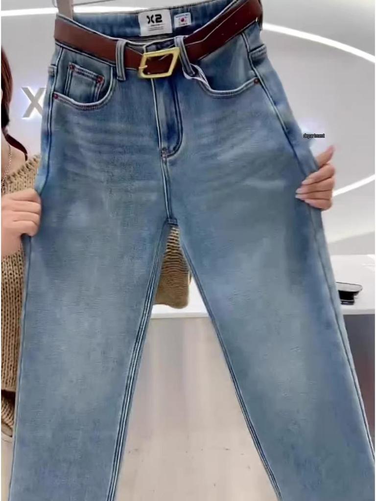 Джинсы больших размеров с высокой посадкой, на флисовой подкладке, с широкими штанинами для женщин - Осень/Зима 2024, стройнящий стиль