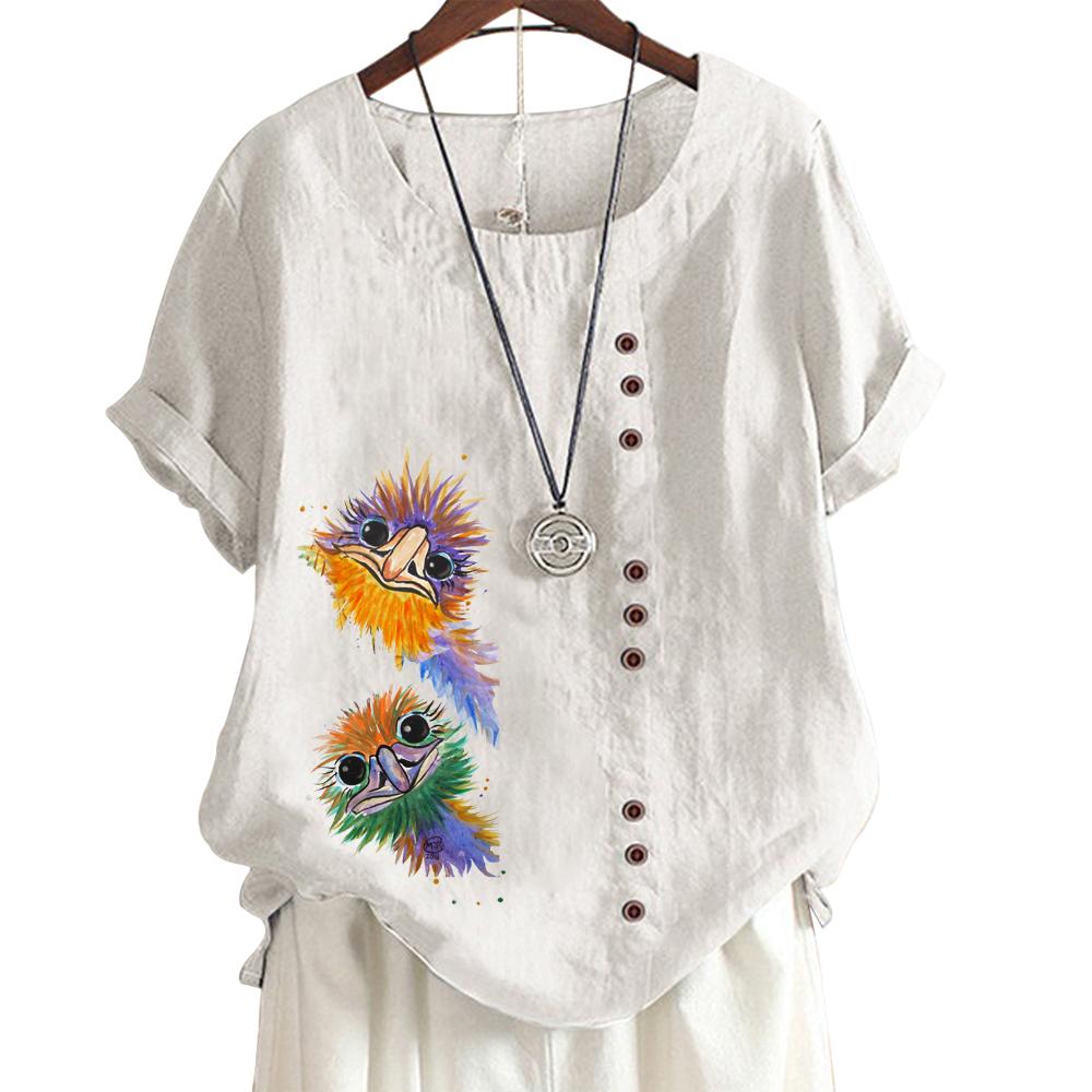 Women's Cotton Linen Casual Tee with Round Neck and Short Sleeves - 6 Stylish Patterns