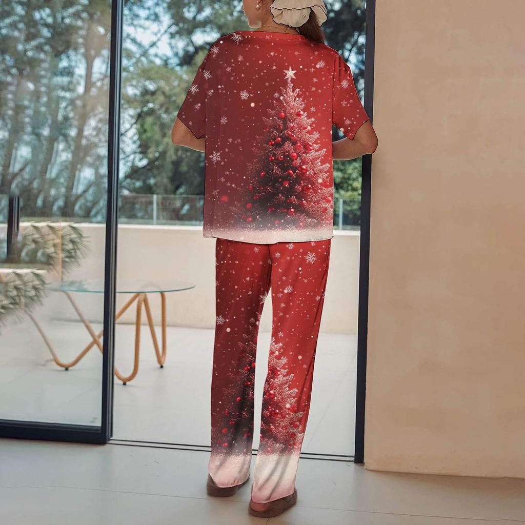 Женский шелковый атласный пижамный комплект с рождественским принтом, рубашка с коротким рукавом и длинные пижамные штаны, мягкая домашняя одежда