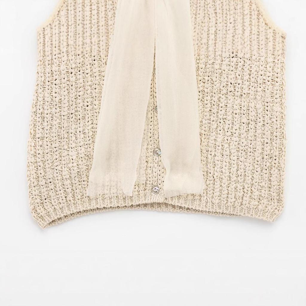 Spring 2025 Women's Fashion: European American Style Transparent Yarn Bow Brooch Cardigan