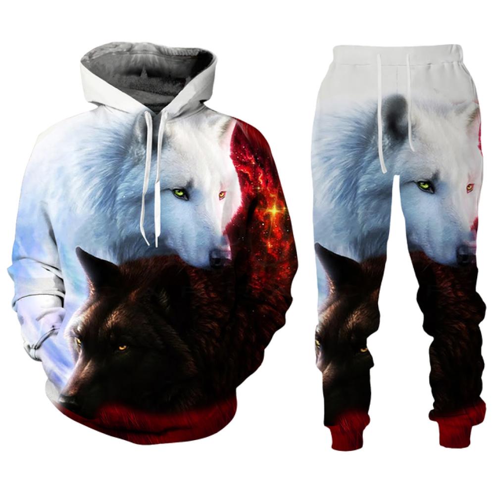 Модная уличная одежда, мужские комплекты, спортивные костюмы, новые мужские толстовки с принтом волка и спортивные штаны, костюм из двух предметов, повседневная мужская одежда с капюшоном