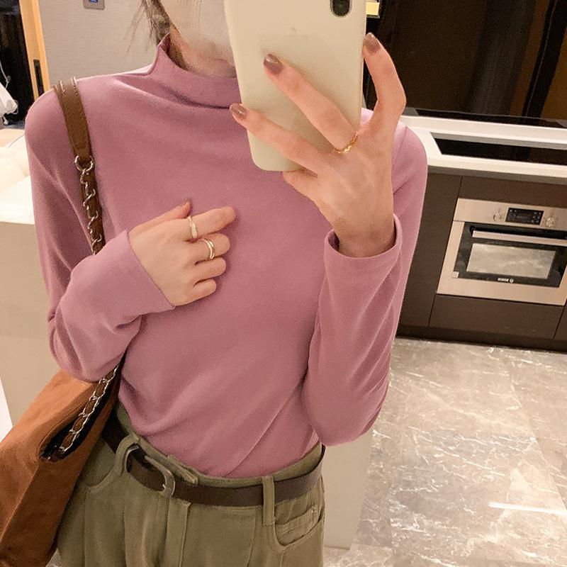 Однотонная рубашка с воротником-полуворотом для женщин на осень и зиму, новая облегающая футболка с короткими внутренними длинными рукавами, универсальный топ