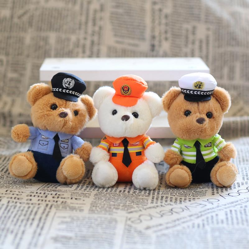Adorable Plush Teddy Bear Keychain Soft Pp Cotton Stuffed Toy Police Firefighter