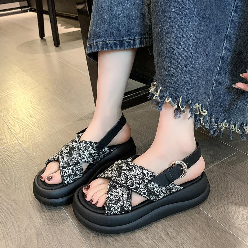 Roman Sandals Women's Summer New Cross-toe Flat Bottom One-word Buckle Soft Sole Casual Vacation Beach Sandals