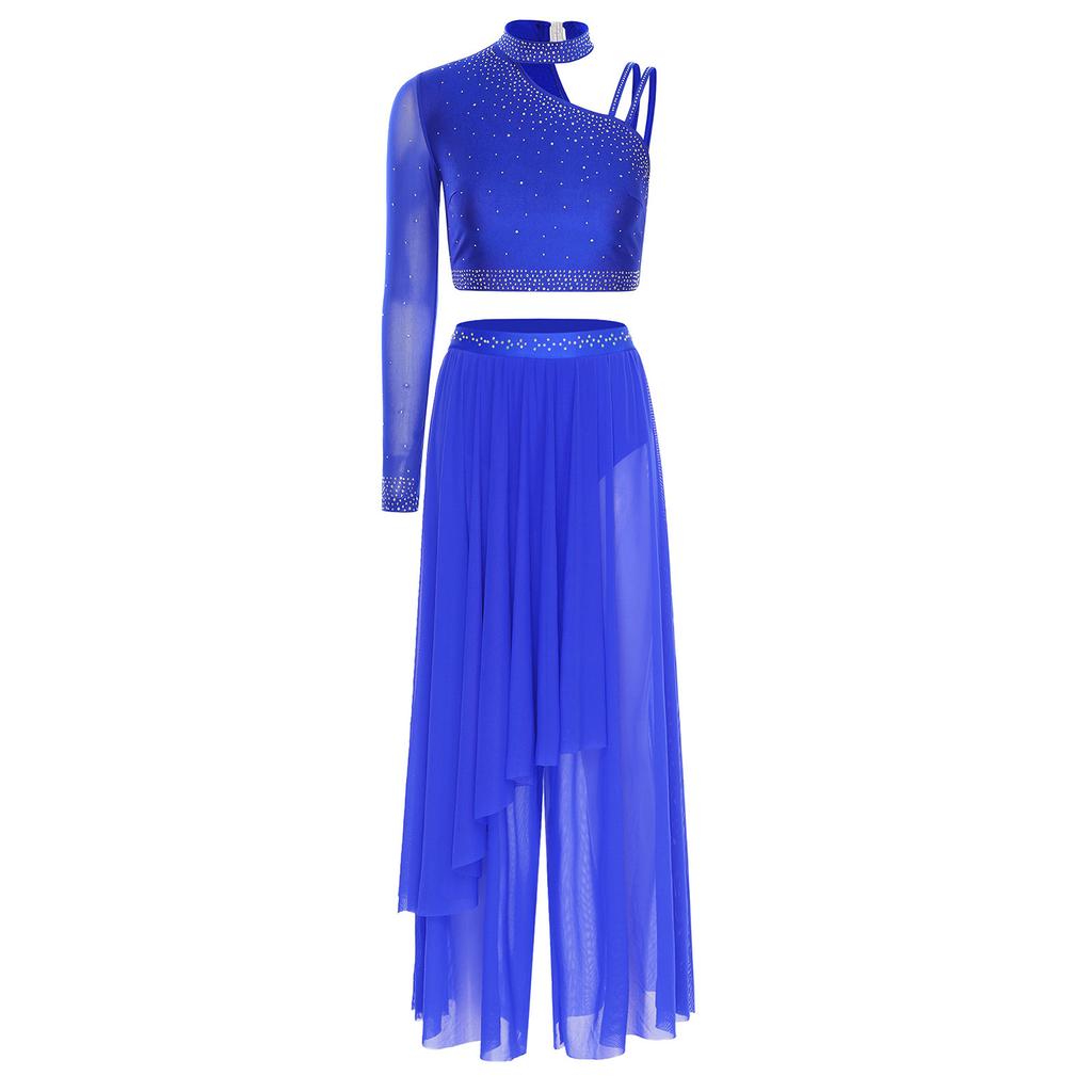 Womens Rhinestone Lyrical Outfit Asymmetrical Long Sleeve Crop Top Loose Irregular Overlay Pants