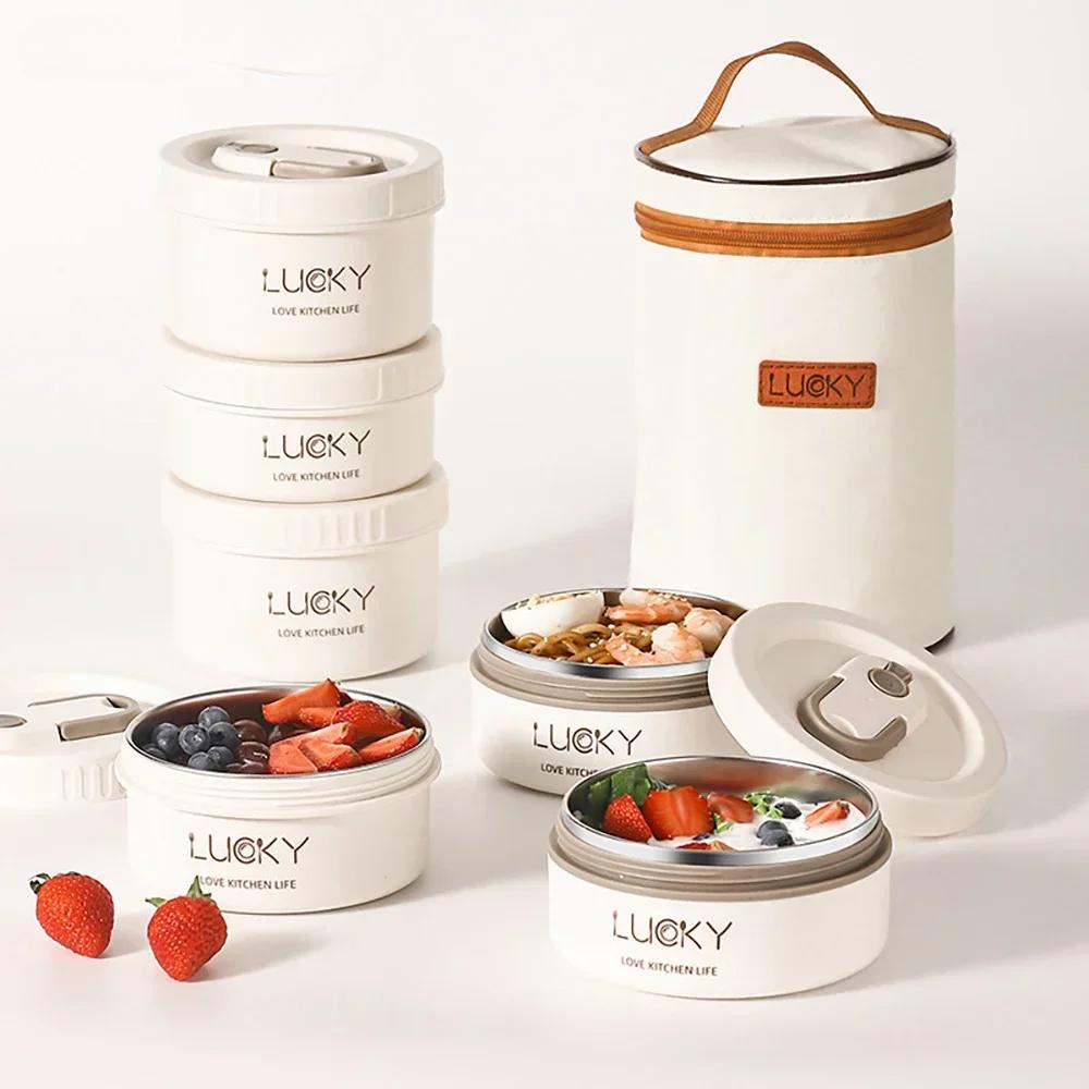 Stainless Steel Insulated Lunch Box Household Multi-layer Lid Soup Bowl Bento Box Office with Lunch Insulated Bucket
