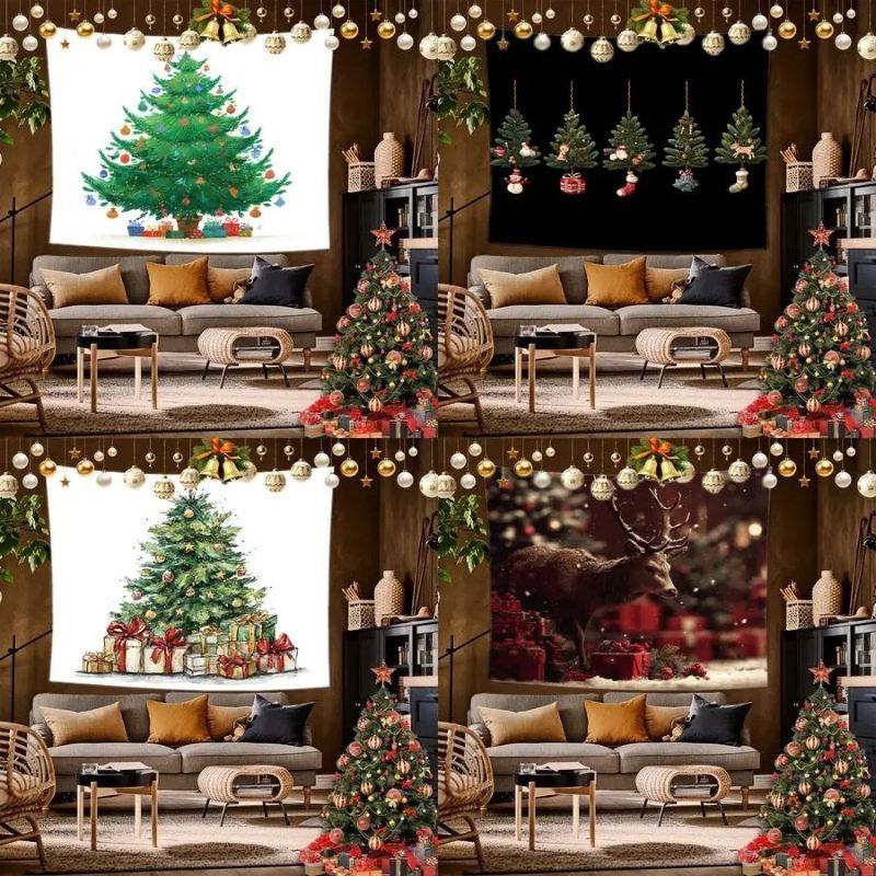 Christmas Tree Ornament Wall Tapestry White Background Red Gold Ball Star Hanging Decoration Aesthetic Holiday Home Decor