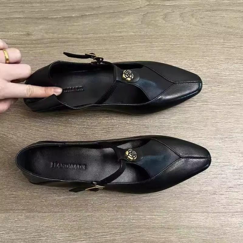 Универсальные однословные туфли-лодочки с вырезами, женские, весенние, новые, ретро, с камелией, на толстом каблуке, офисные, Мэри Джейн