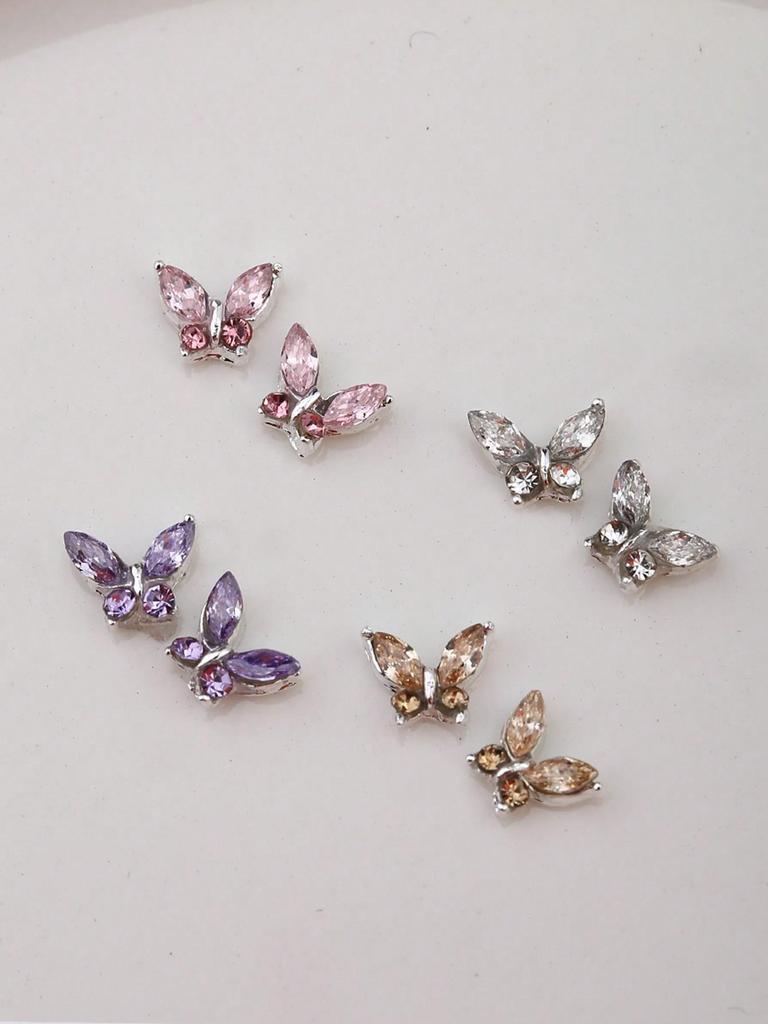 10pcs Mini Metal Rhinestone Butterfly Nail Art Jewelry 3D Pink Champagne White Diamond Nail Jewelry