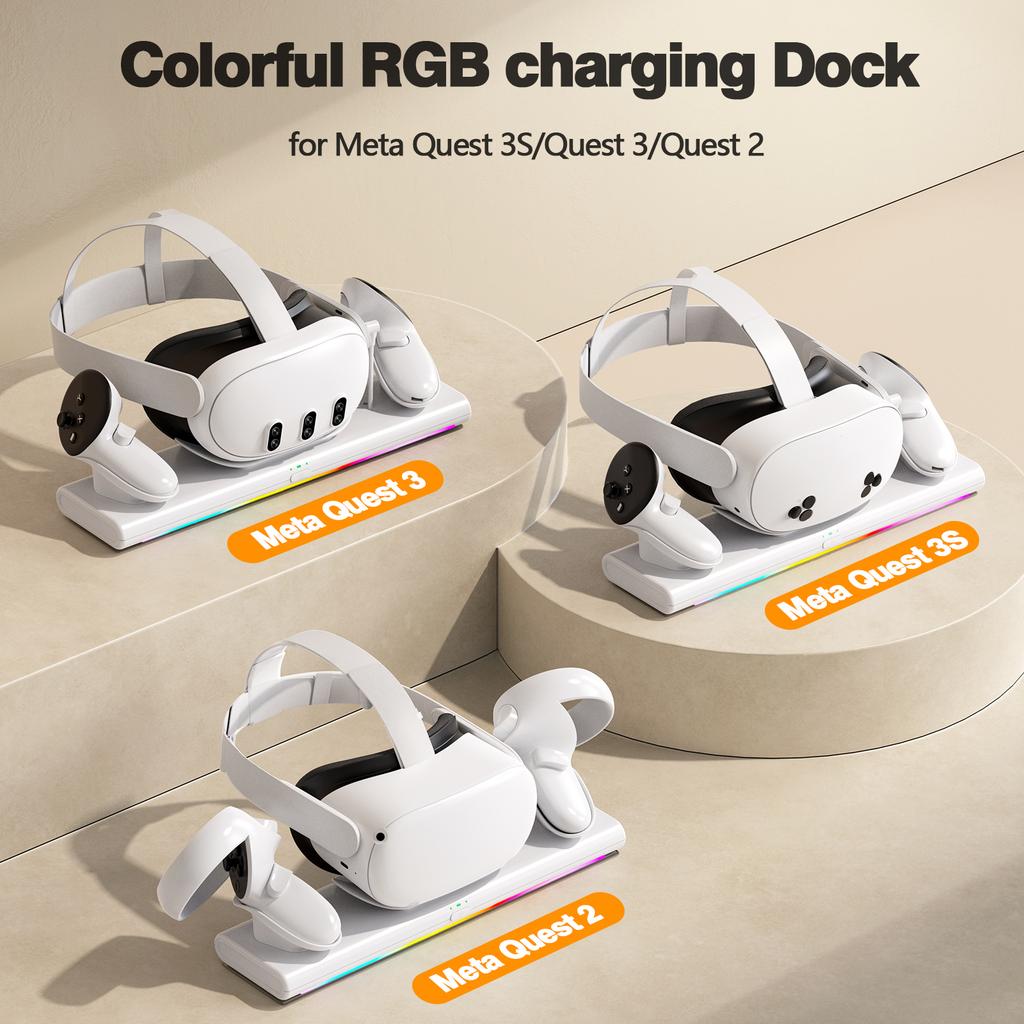 Meta Quest 3S/Quest 3/Quest 2 charging dock, magnetic charging station for VR headphones and controller, with 2 1800mAh recharge