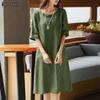 Cotton Linen Dress Women Summer Casual O-neck Half Sleeve Dress