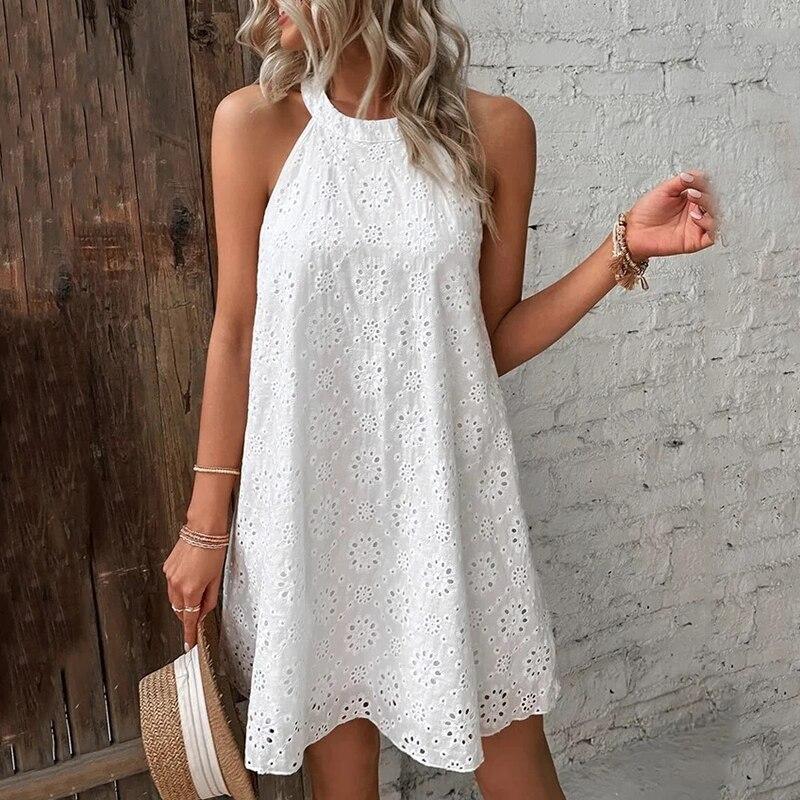 Vintage Floral Hollow Out Sleeveless Dress Women Halter Elegant White Dresses Summer Solid A Line Short Dress Women