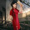 Lace Red Cheongsam Dress Short Style Modern Chinese Inspired Womens Mini Qipao With Stand Collar