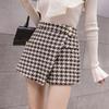 Women Winter Skirt Shorts High Waist Plaid Feminino Woolen Houndstooth Buttons Irregular Mini Skater Warm Thicken Short Pants