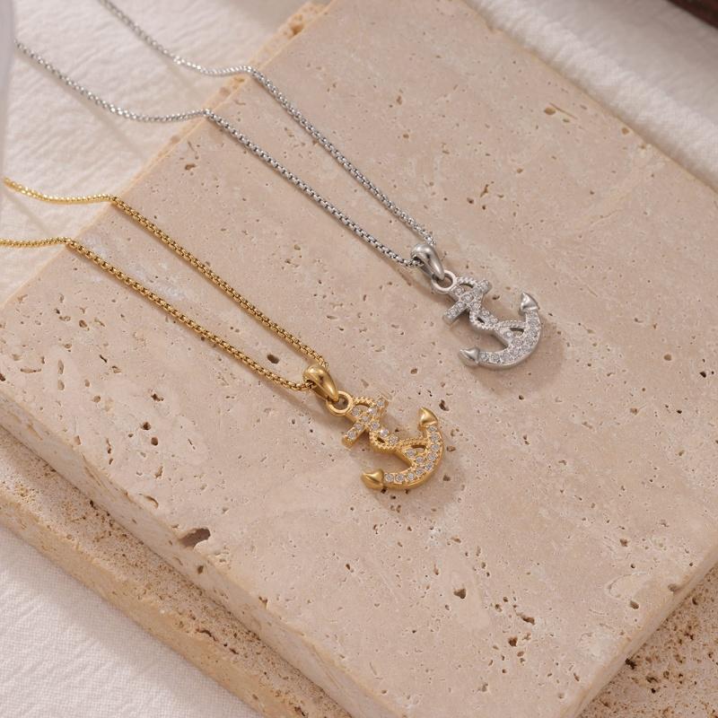 Retro Ship Anchor Stainless Steel Pendant Choker Necklace Personalized High End Trendy Versatile for Women Rose Gold/Silver/18K