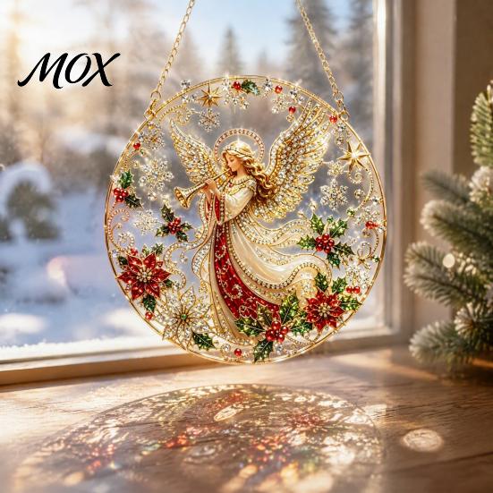 DIY Hanging Decor for Adults Christmas Faux Diamond Art Ornament Kit, Santa Angel Sun Catcher Acrylic Stress Free Creative Hobby Round Board, 3D Bead