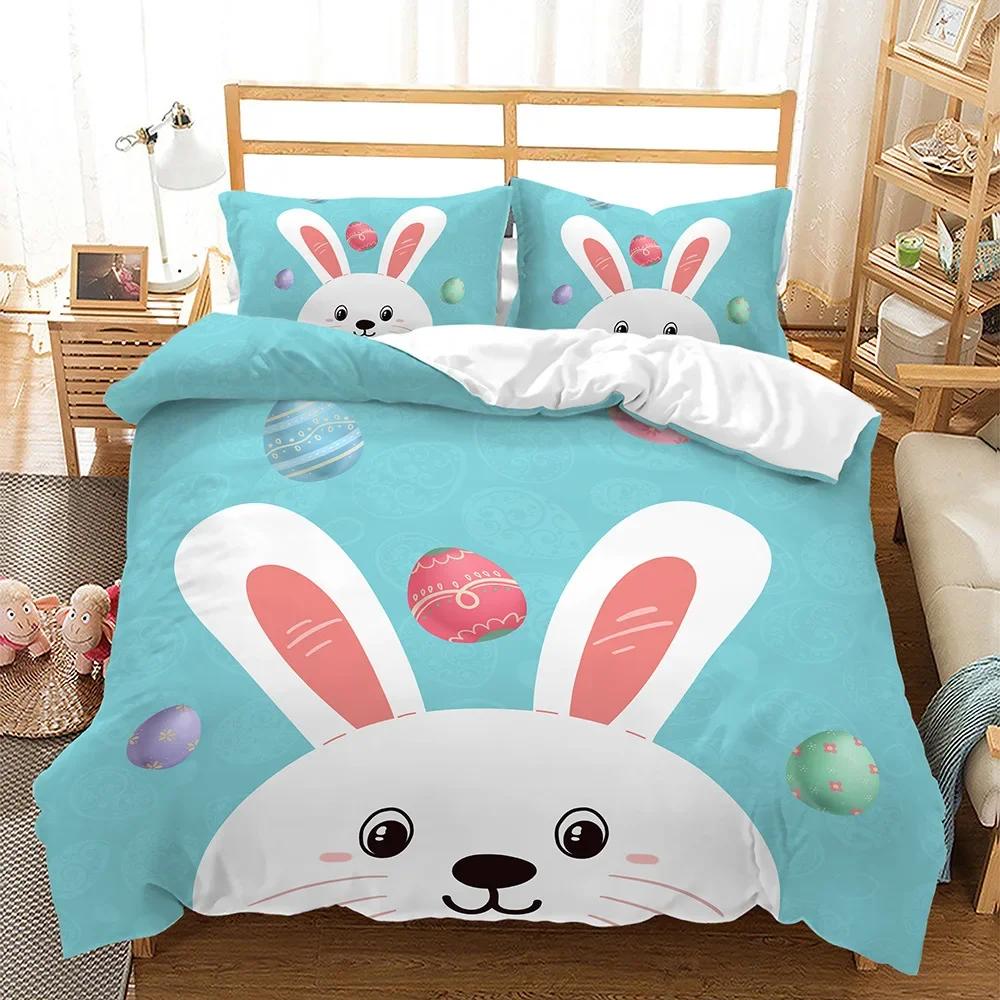 Easter Duvet Cover Set Queen King Size Colorful Easter Egg Bunny Themed Bedding Set Kids Boys Girls Room Decor 3 Pcs Super Soft
