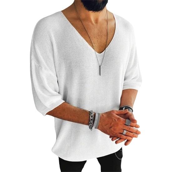 Летняя мужская футболка трикотажная с v-образным вырезом и половиной рукавов, однотонный свободный пуловер, эластичный повседневный спортивный топ средней длины, трикотаж