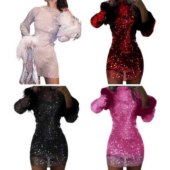 Женское вечернее платье с пайетками, пушистым декором из искусственного меха, облегающее мини-платье с длинными рукавами, сетчатое платье для выпускного вечера