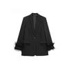 Women Fashion Satin Black With Feather Blazer Jacket Vintage Notched Neck Single Button Long Sleeves Female Outfits