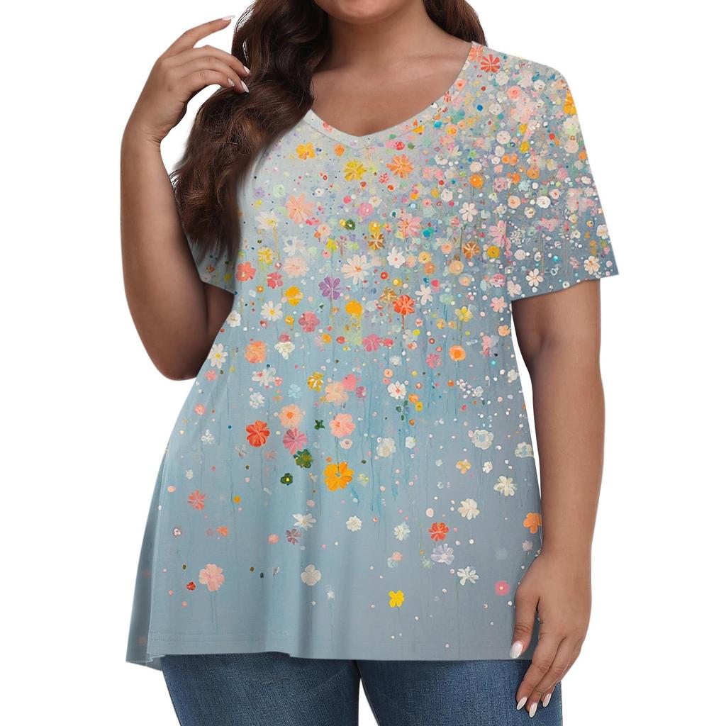 Женская мода повседневная футболка с коротким рукавом и V-образным вырезом большого размера с принтом