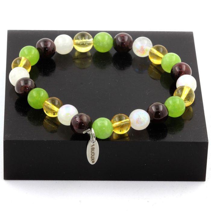 Pierres et Minéraux. Bracelet Perles Citrine + Grenat + Pierre de lune + Péridot 8 mm. Fabriqué en France.