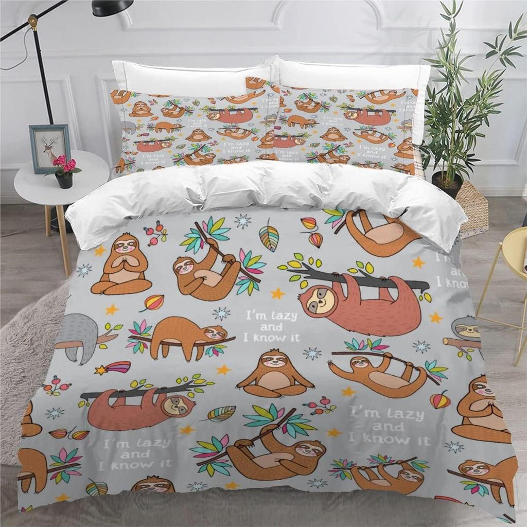 Colorful lovely Sloth Duvet Cover Modern Colorful Comforter Cover with Zipper King Size Bedding Sets Luxury Bedroom Decor 2Pcs