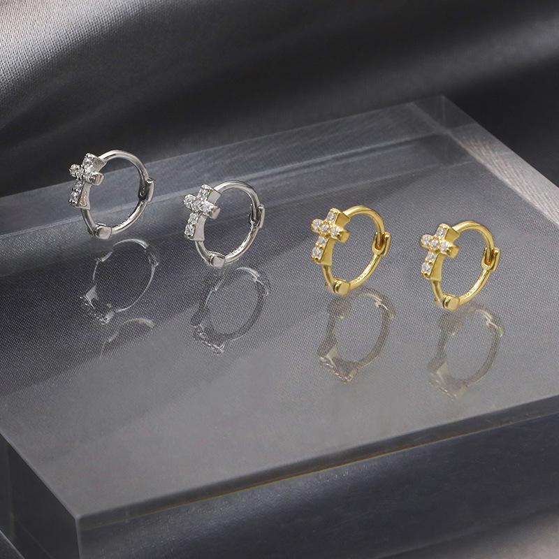 REETI 925 Silver Cubic Zirconia Cross Pendant Hoop Earrings For Women Huggie Earring