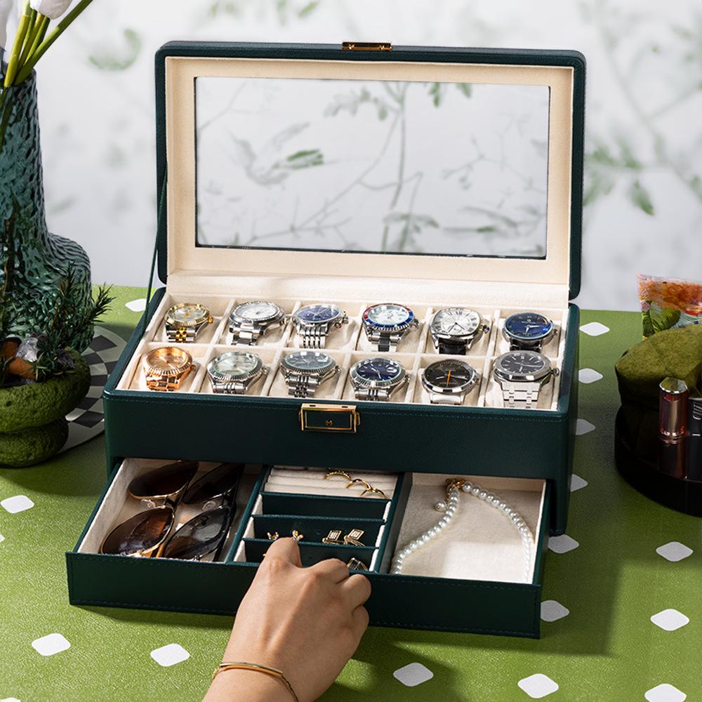 Коробка для хранения часов и очков из ПУ кожи с зернистой текстурой личи с несколькими отделениями