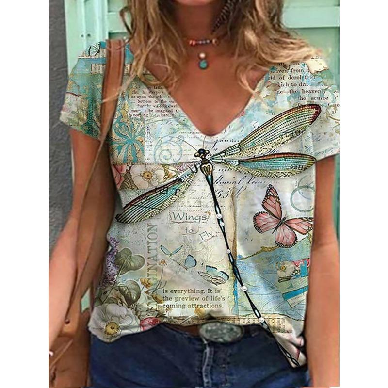 Summer Butterfly Dragonfly 3dV Neck Printed New Women's Top T-shirt