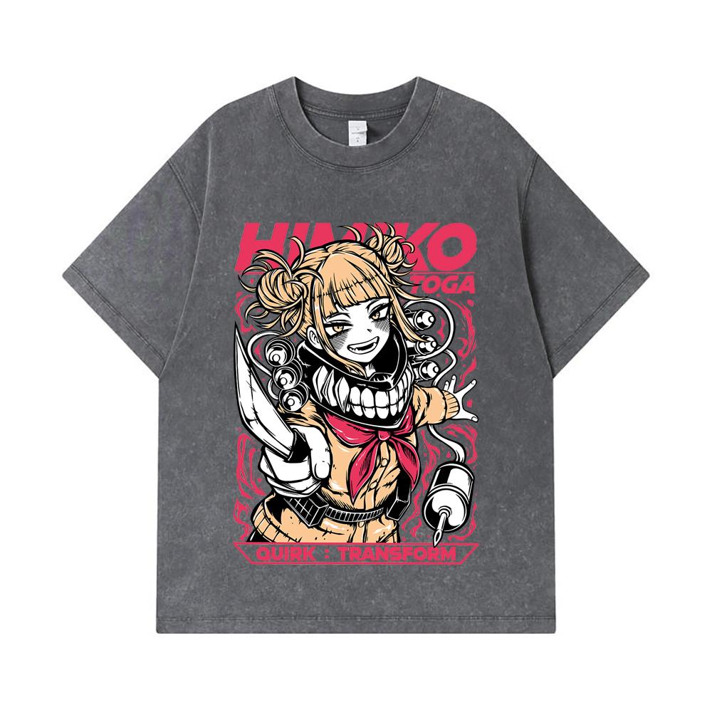 Стиранные футболки 275 г/м² 100% Хлопок My Hero Academia V12 Принт Тоги Унисекс Тяжелая хлопковая футболка