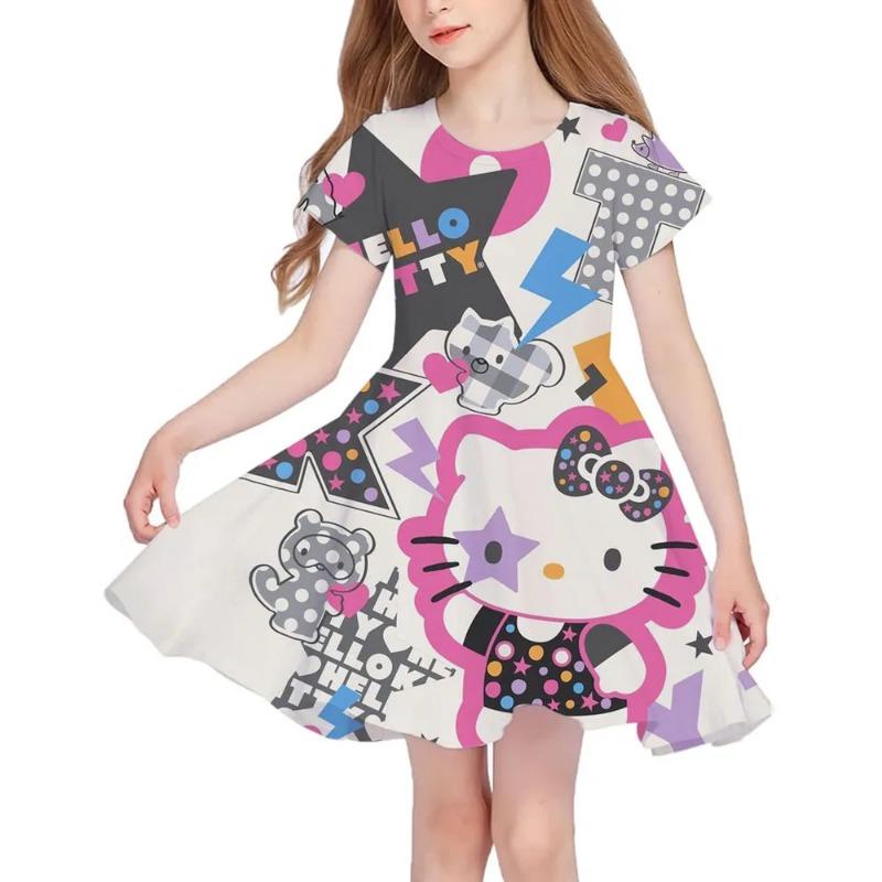 Летнее Новое Платье для Девочек с Коротким Рукавом Hello Kitty 3D Принт Детская Юбка-Рыбка Повседневное