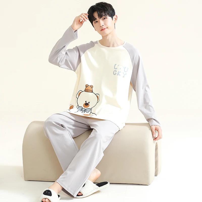 Осенний комплект из двух частей с длинными рукавами из хлопка, весенние длинные штаны, пижама для молодежи, мужская домашняя одежда, полосатая ночная рубашка для мальчика