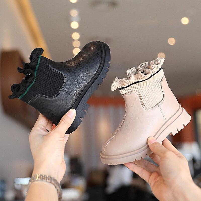Flower Girls Boots Autumn Winter Plush Children Boots Boys Girls Fashion Soft Leather Warm Kids Boots