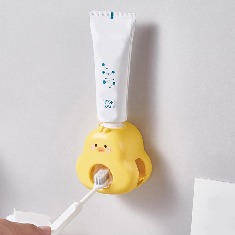 Automatic Press Toothpaste Dispenser Wall Mounted Cute Duck Design Space Saving Bathroom Tool Toothbrush Holder Rack