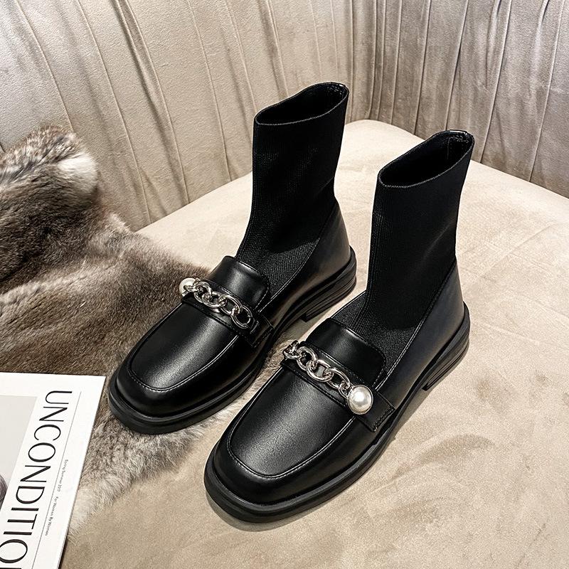 Металлические цепи Кожаные ботинки с эластичным трикотажным носком Botas Mujer 41-43 Большой размер Жемчужная отделка Челси Короткие женские ботинки