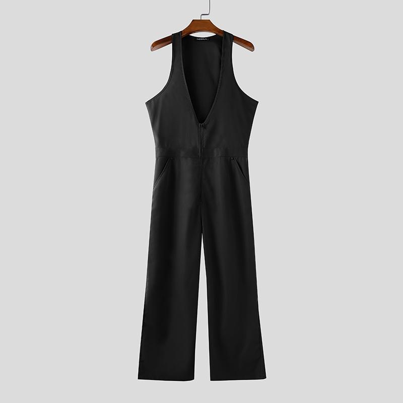 INCERUN Men Deep V Neck Zip-up Casual Long Rompers Jumpsuits
