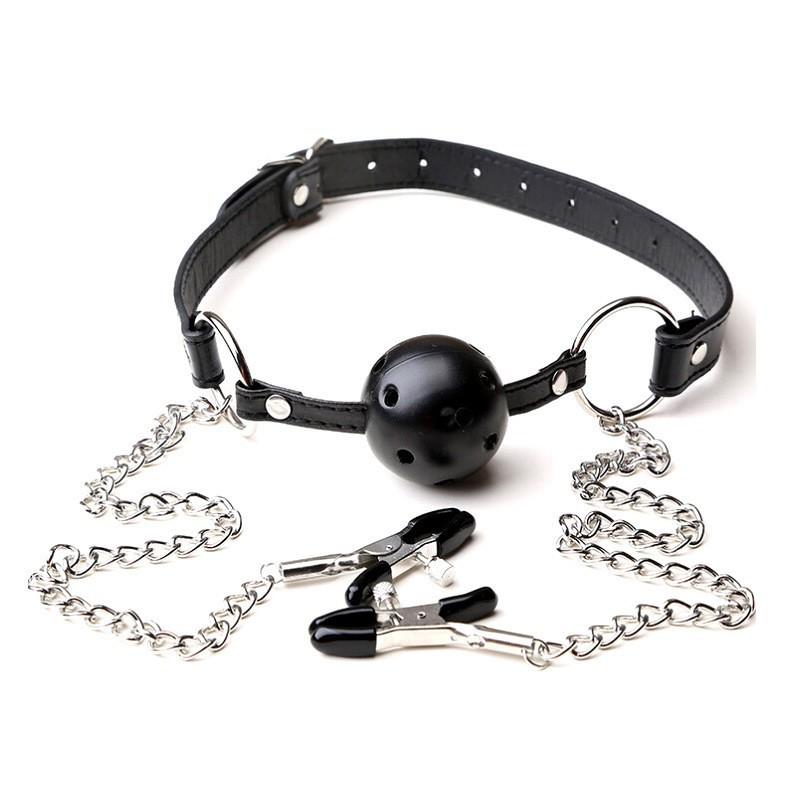 PU Leather Oral Sex Toy with Chain Clip Breast Nipple Clamps Bondage Harness Adult Game - Erotic Toy Mouth Gag Ball