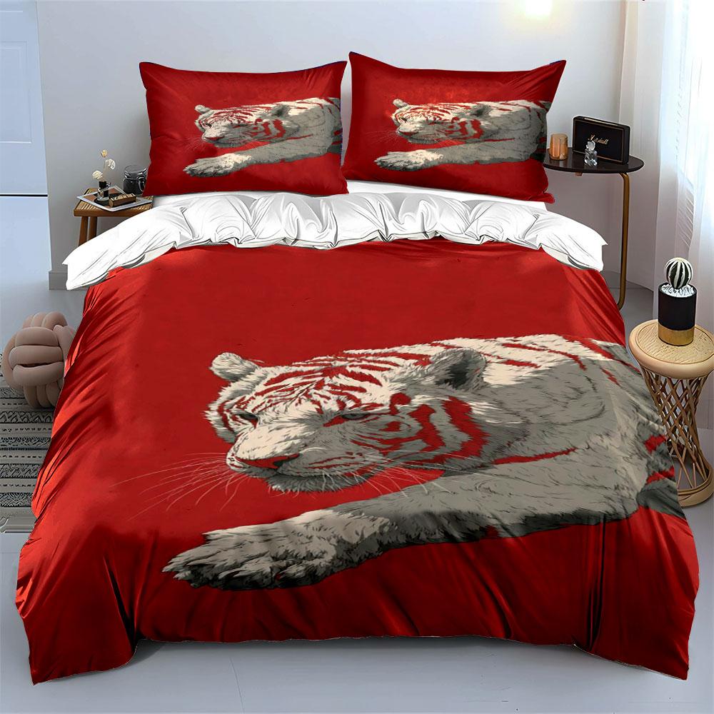 White tiger on red. Bedding sets Duvet cover sets Duvet covers Pillowcases(1*Duvet Cover 2*Pillowcases without duvet insert)