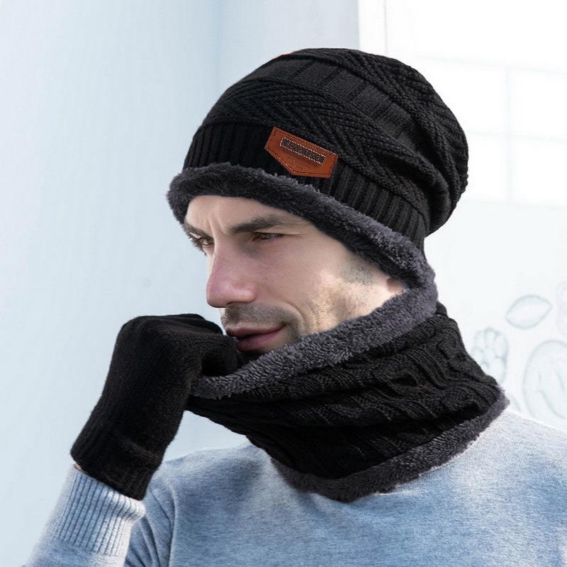 3pcs/set Fashion Plush-lined Knitted Caps Men Women's Winter Hats Scarves Touch Screen Gloves Thicken Warm Beanie Hat