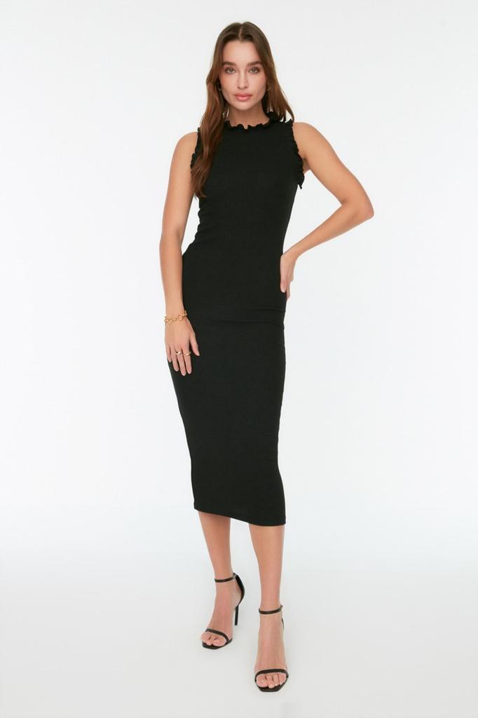 Women's Style Dress Mink Ruffle Detailed Ribbed Bodycone Fitted Midi Smart Flexible Knitted Pencil Dress