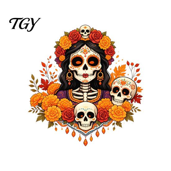 Decorative Window Film for Parties Day of The Dead Clings, Dia De Los Muertos Sticker, Colorful Removable Holiday Glass Clings Sugar Skull with