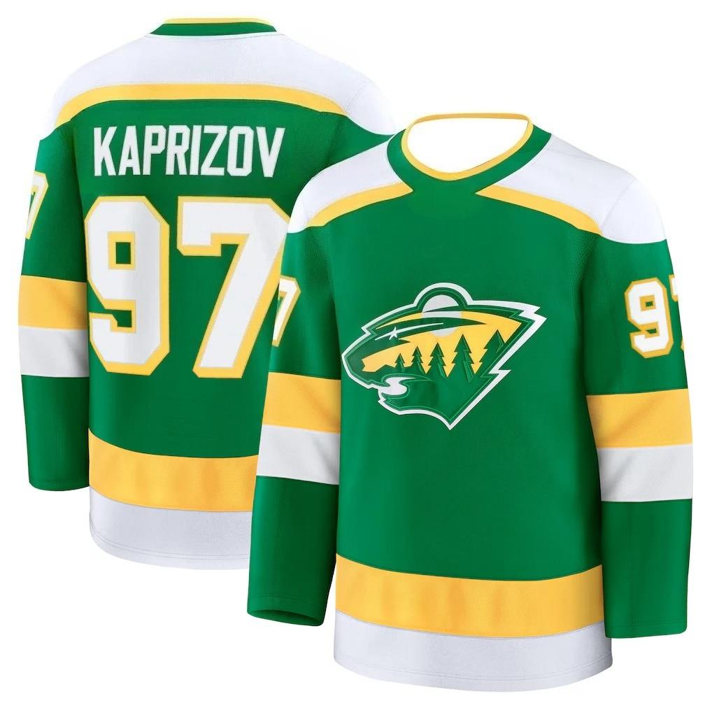 Хоккейная форма Minnesota Wild Форма Nashville Predators Зеленая с желто-белыми акцентами "Капризов 97" Форма с логотипом Wild Футболка с длинным рукавом с V-образным вырезом