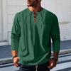 Мужская хлопковая рубашка с V-образным вырезом, длинный рукав, свободная футболка, однотонный летний повседневный топ для повседневной носки, уличной вечеринки, пляжа