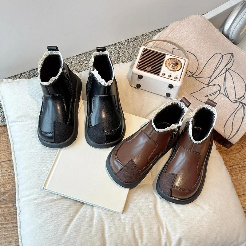 Kids Short Boots with Sweet Lace Girls Princess Boots with Cotton Non-slip 2024 Autumn Winter New Children Ankle Boots Elegant
